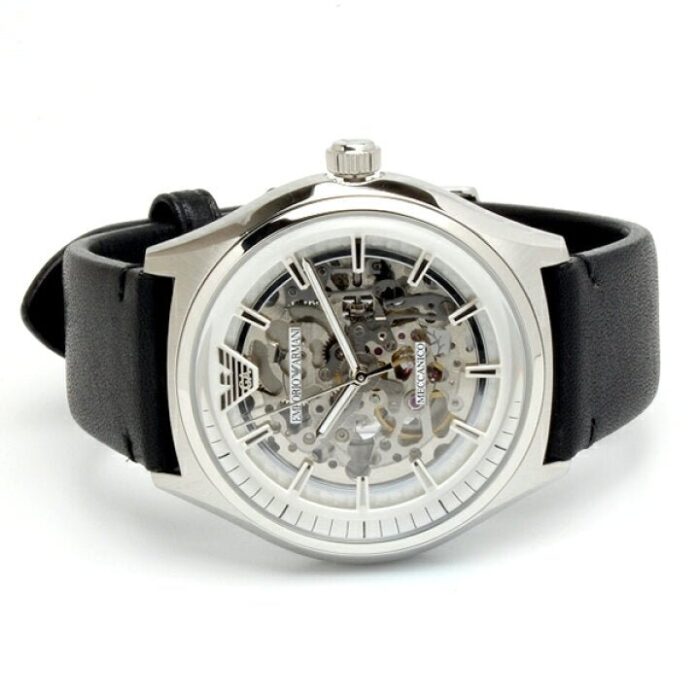 Emporio Armani Meccanico White Skeleton Dial Black Leather Strap Watch For Men - AR60003 - Image 9